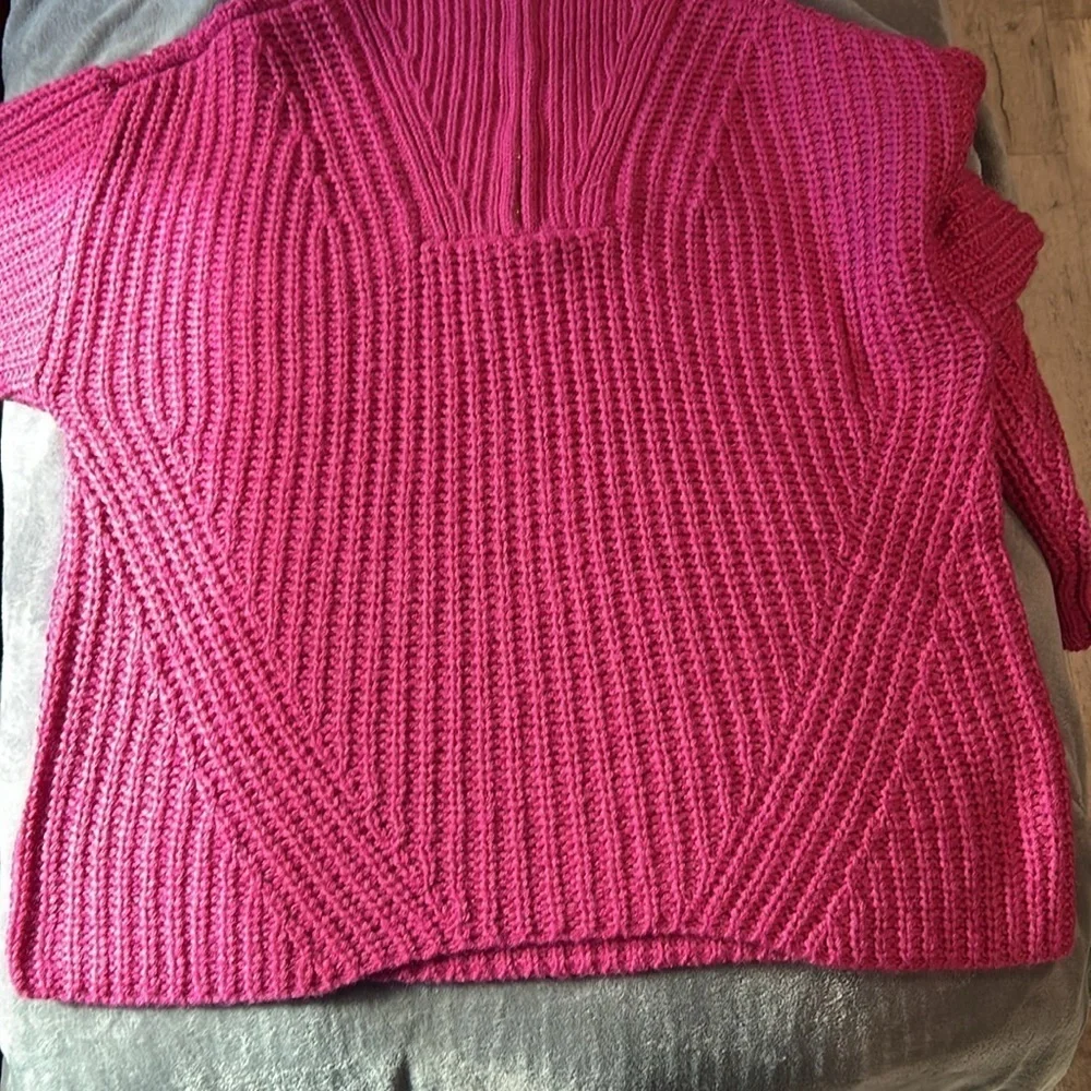 ESTELLE Women’s Panorama Knit V-Neck 1/4 Zipper Fuchsia Pink Sweater 2X(18W) NWT